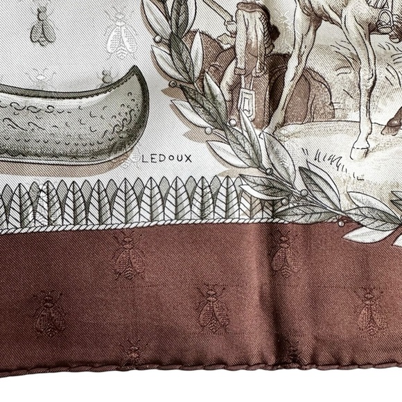 HERMES “Napoleon” 100% Silk Brown Blue & Cream Bumblebee Square Scarf Carre 90 - Picture 11 of 13